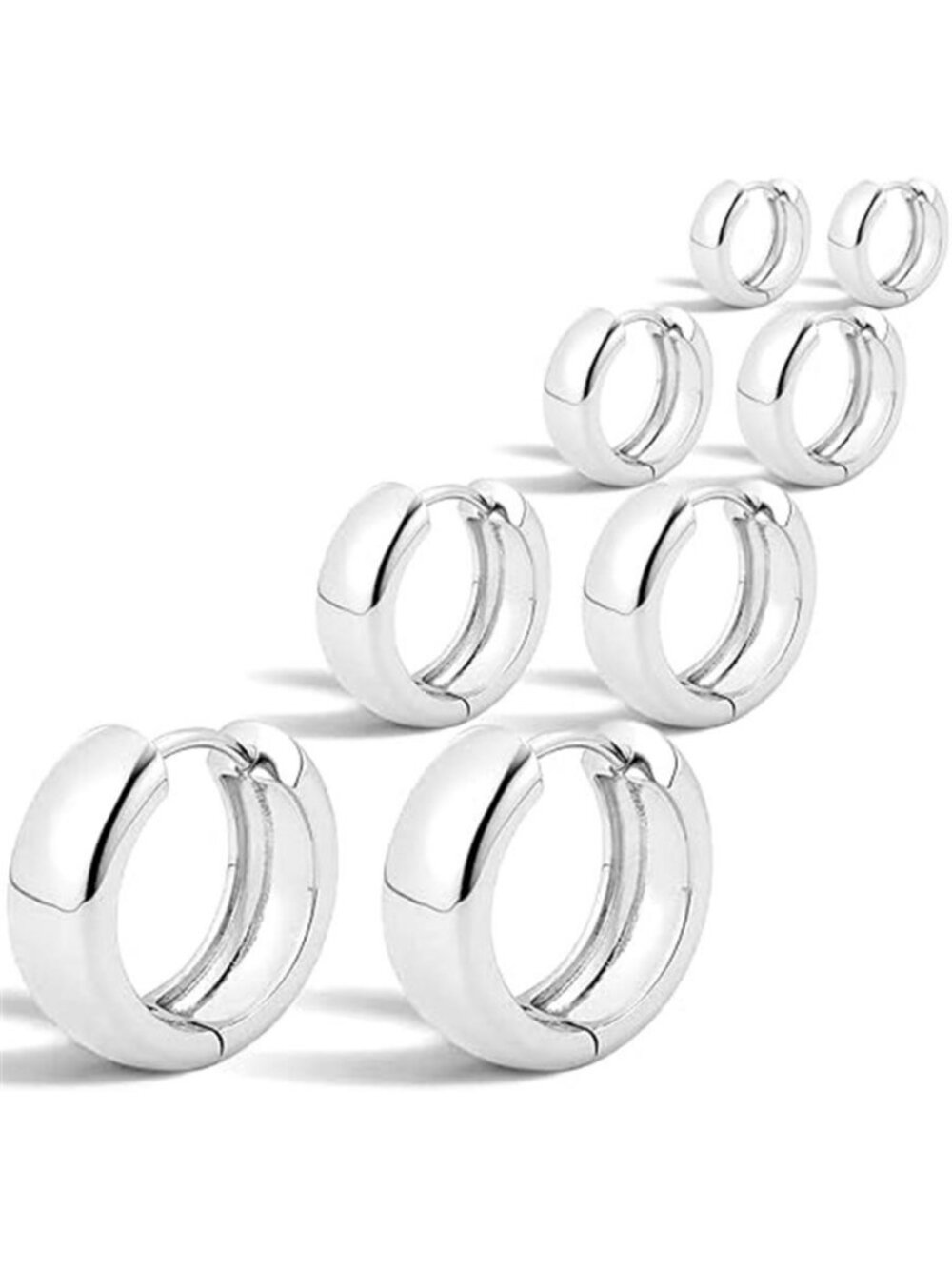 Chunky Silver Hoop Earrings Set for Women 4 Pair, 14K Plated 925